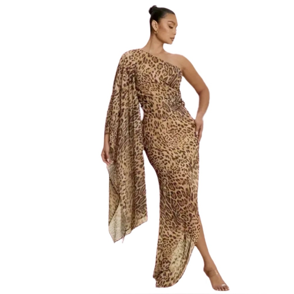 Leopard One Shoulder Chiffon Maxi Dress - Size LARGE